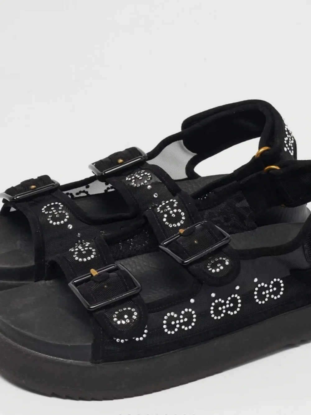 Gucci Black Mesh and Suede GG Crystal Embellished Platform Sandals 37 - Picture 3 of 6